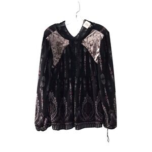 KNOX ROSE Sheer Blouse Top Women's Medium Black Bell Sleeve Lace Paisley Ruffle